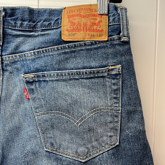 Levi’s 508 Straight Leg Denim Blue Jeans Fade Lines Vintage Wash Hemmed to 27” - Picture 1 of 12